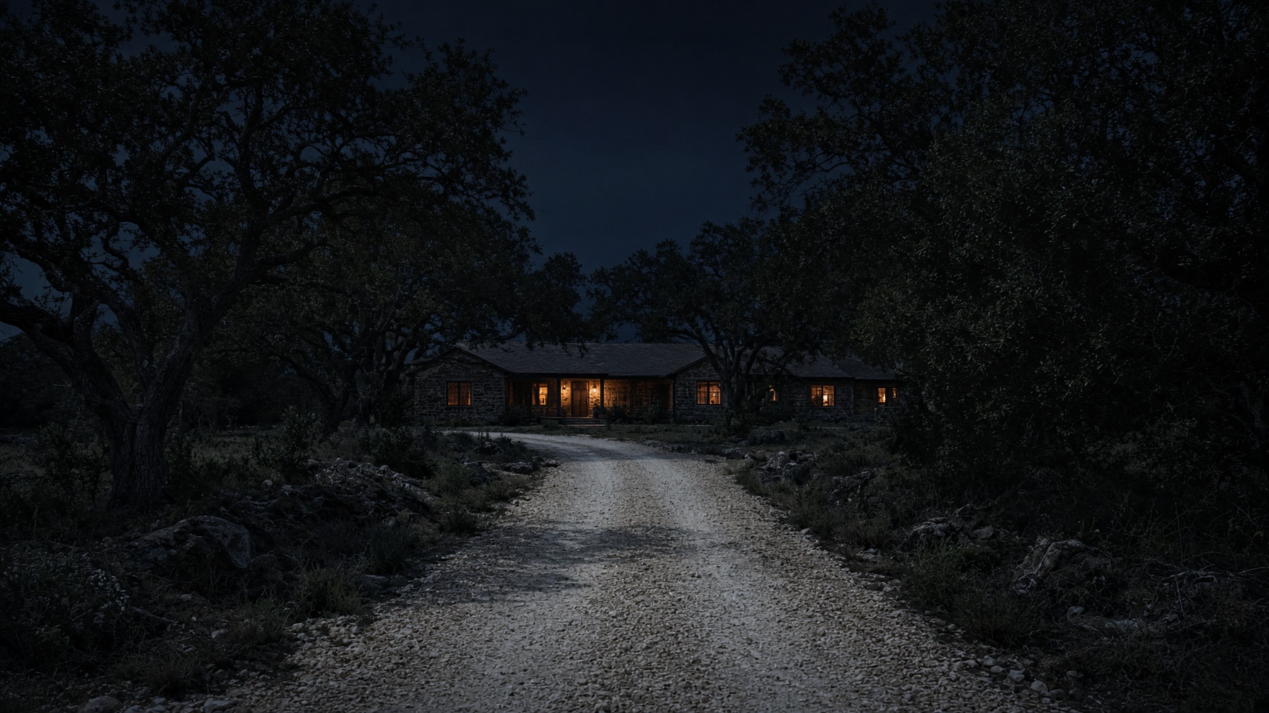 A Hill Country residence at night, seen from a long driveway
